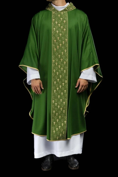 Green Chasuble with embroidered band with cross motifs — full view