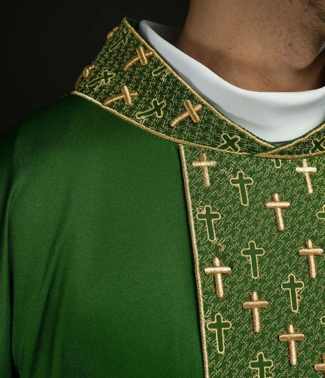 Green Chasuble with embroidered band with cross motifs — back view
