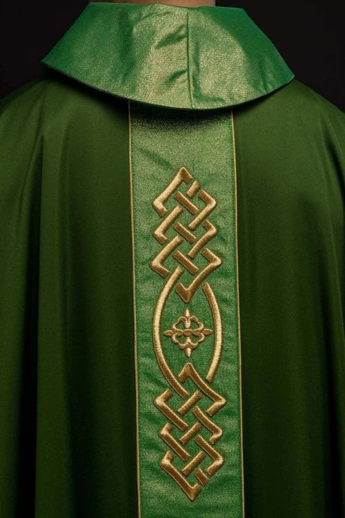 Green Chasuble with embroidered band with cross motifs — side view