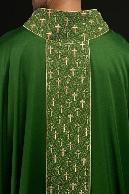 Green Chasuble with embroidered band with cross motifs — side view