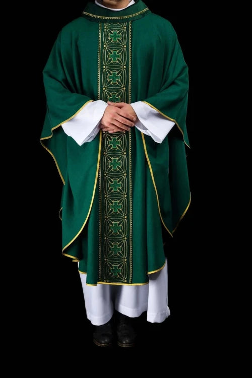 Green Chasuble with embroidered band with cross motifs – Variant II — front view