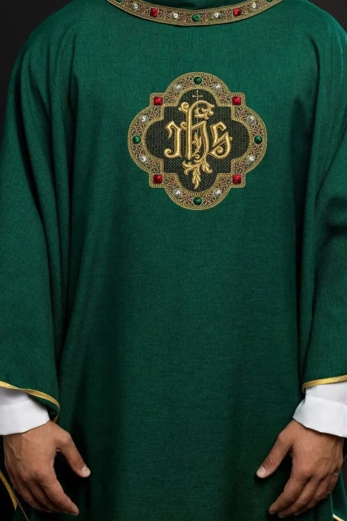 Green Chasuble with embroidered band with IHS monogram — front view