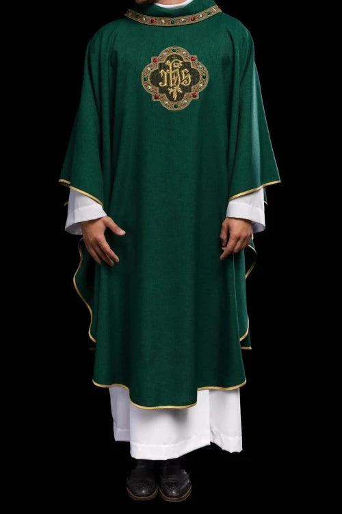 Green Chasuble with embroidered band with IHS monogram — full view
