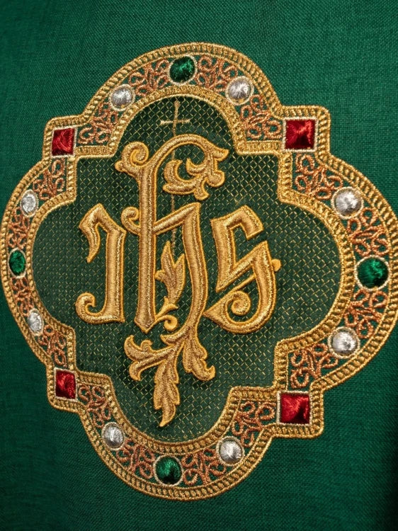 Green Chasuble with embroidered band with IHS monogram — decoration detail