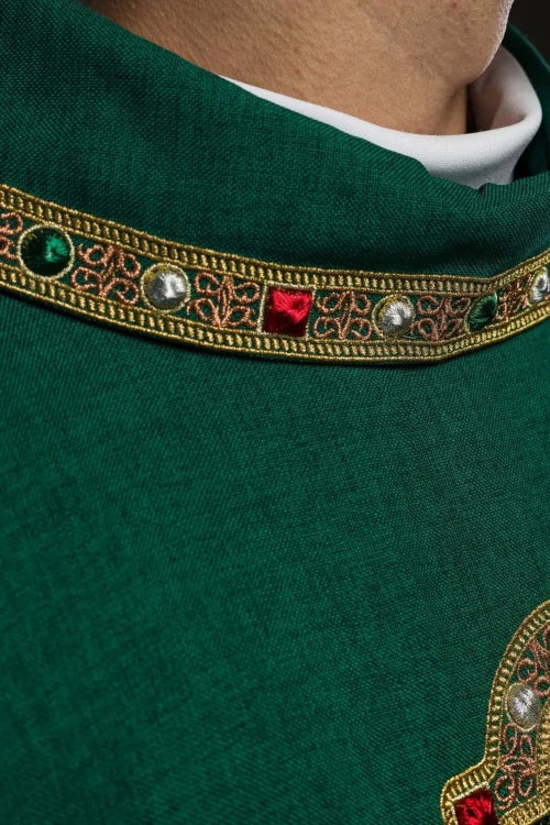 Green Chasuble with embroidered band with IHS monogram — back view