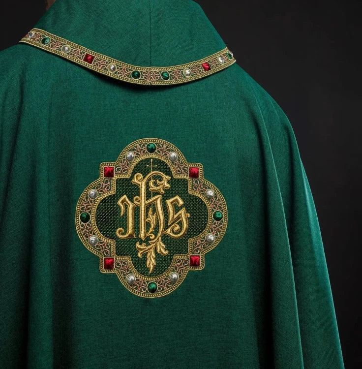 Green Chasuble with embroidered band with IHS monogram — close-up detail