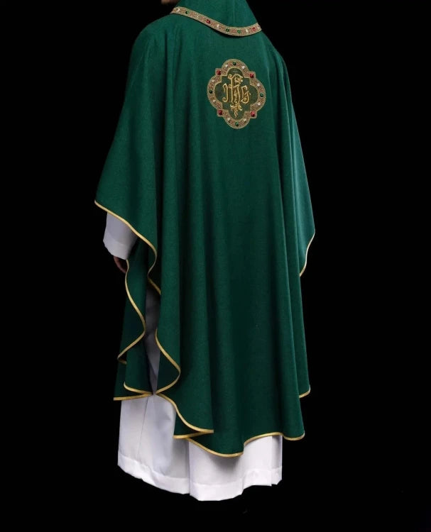 Green Chasuble with embroidered band with IHS monogram — side view
