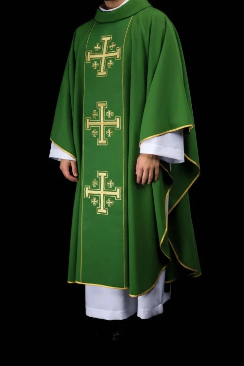 Green Chasuble with embroidered band with Jerusalem crosses — front view