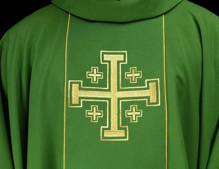 Green Chasuble with embroidered band with Jerusalem crosses — full view