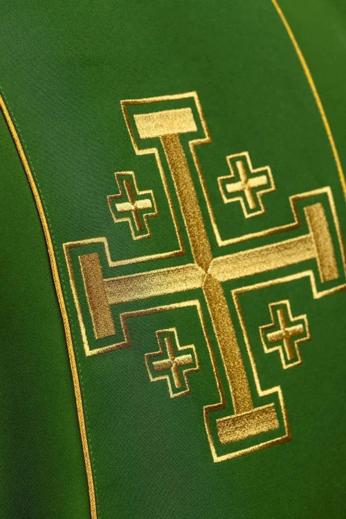 Green Chasuble with embroidered band with Jerusalem crosses — decoration detail