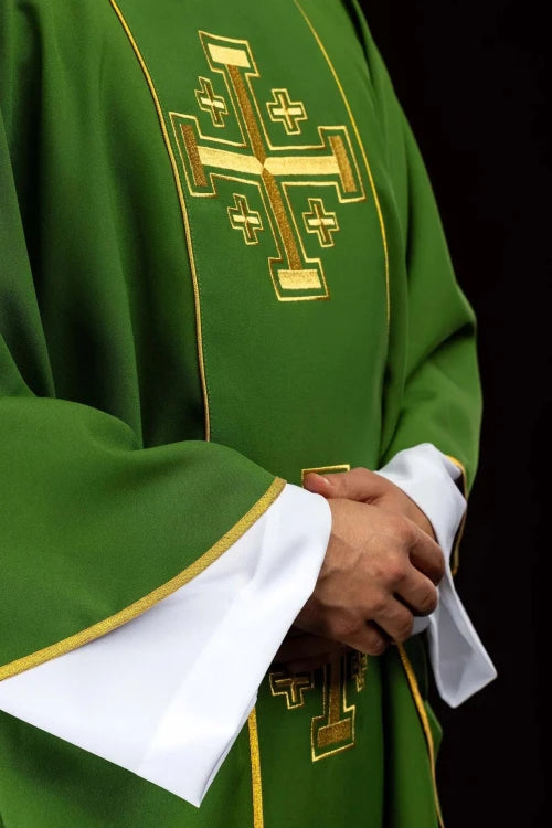 Green Chasuble with embroidered band with Jerusalem crosses — back view