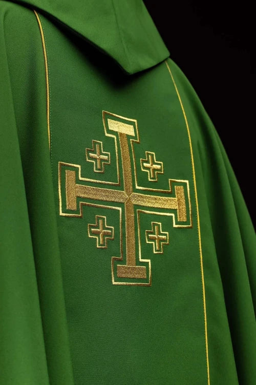 Green Chasuble with embroidered band with Jerusalem crosses — close-up detail