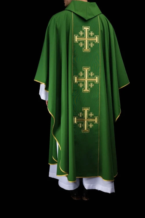 Green Chasuble with embroidered band with Jerusalem crosses — side view