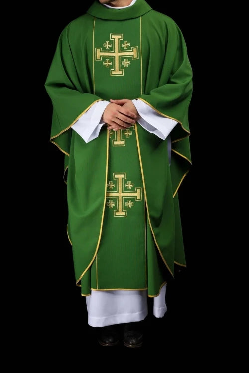 Green Chasuble with embroidered band with Jerusalem crosses — collar detail
