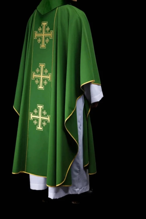 Green Chasuble with embroidered band with Jerusalem crosses — fabric detail