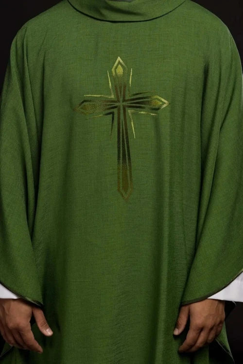 Green Chasuble with embroidered cross — front view