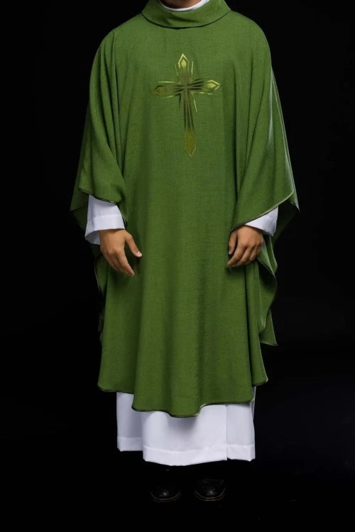Green Chasuble with embroidered cross — full view