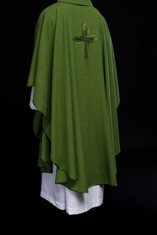 Green Chasuble with embroidered cross — collar detail