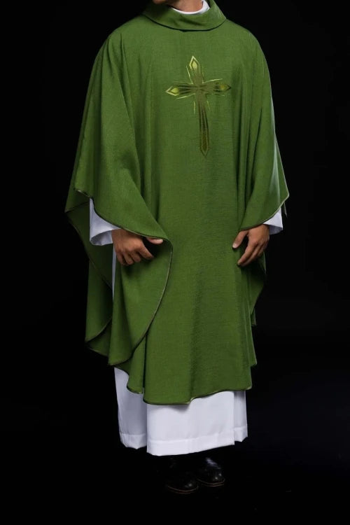 Green Chasuble with embroidered cross — fabric detail