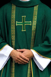 Green Chasuble with embroidered cross and jacquard bands — front view
