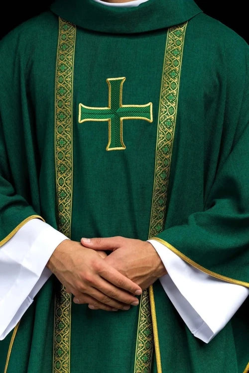Green Chasuble with embroidered cross and jacquard bands — front view