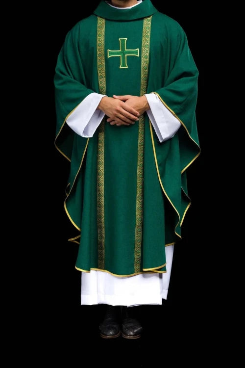 Green Chasuble with embroidered cross and jacquard bands — full view