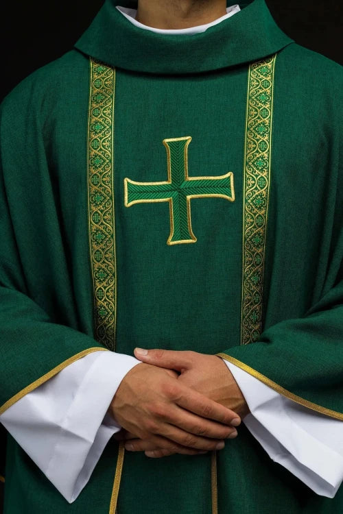 Green Chasuble with embroidered cross and jacquard bands — decoration detail