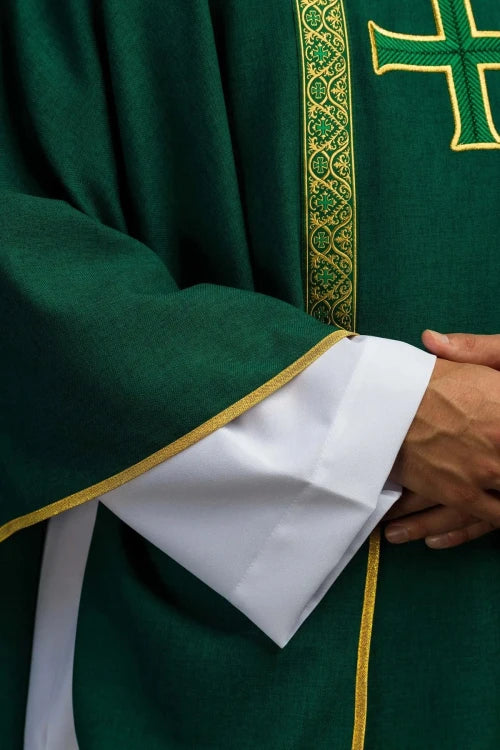 Green Chasuble with embroidered cross and jacquard bands — back view