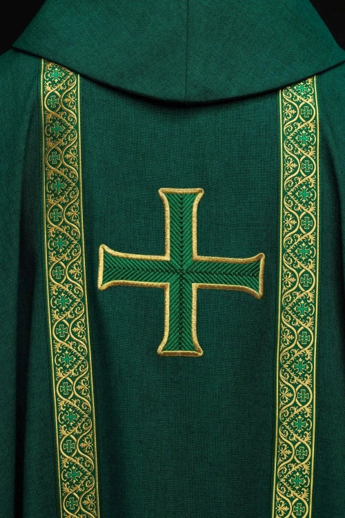Green Chasuble with embroidered cross and jacquard bands — close-up detail