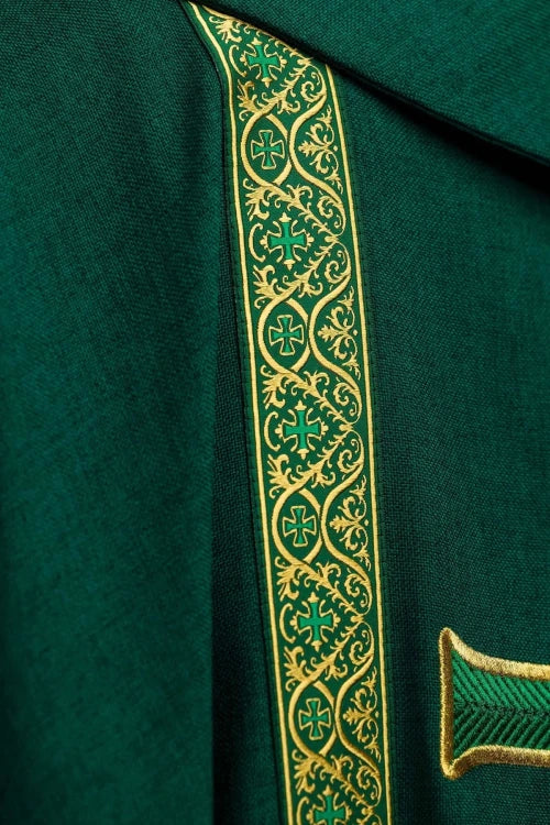 Green Chasuble with embroidered cross and jacquard bands — side view
