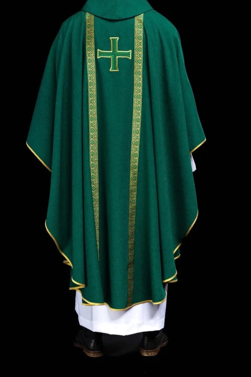 Green Chasuble with embroidered cross and jacquard bands — collar detail