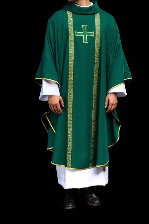 Green Chasuble with embroidered cross and jacquard bands — fabric detail