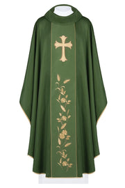 Green Chasuble with embroidered cross and wheat motif — front view