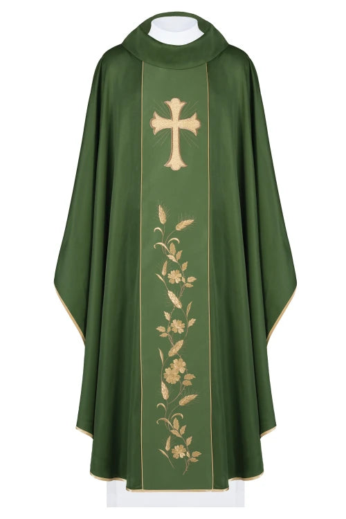 Green Chasuble with embroidered cross and wheat motif — front view
