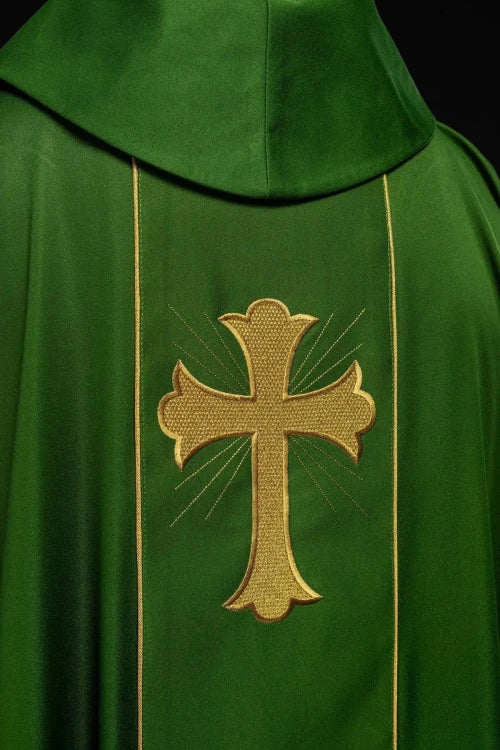Green Chasuble with embroidered cross and wheat motif — close-up detail