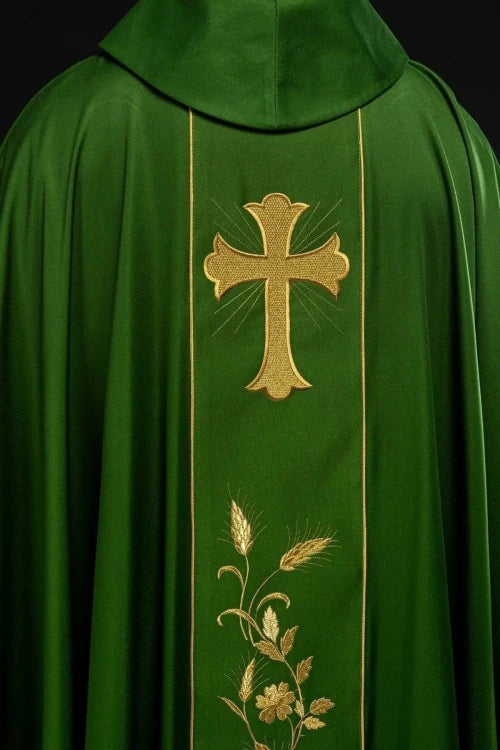 Green Chasuble with embroidered cross and wheat motif — side view