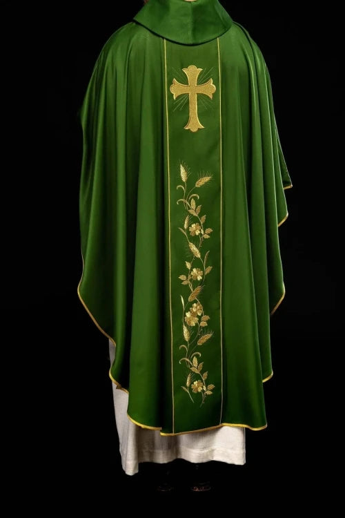 Green Chasuble with embroidered cross and wheat motif — collar detail