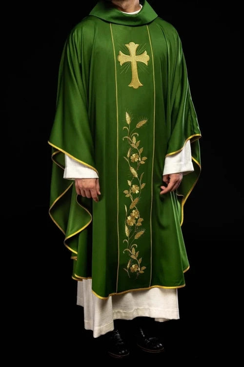 Green Chasuble with embroidered cross and wheat motif — fabric detail