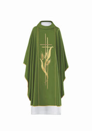 Green Chasuble with embroidered cross and wheat motif – Variant II — front view