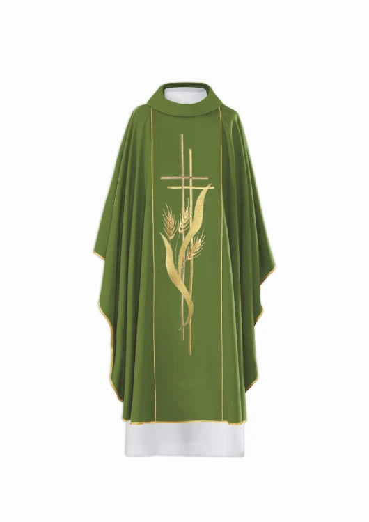 Green Chasuble with embroidered cross and wheat motif – Variant II — front view