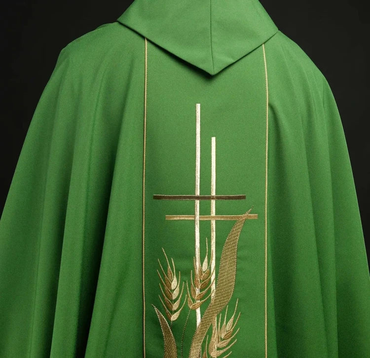 Green Chasuble with embroidered cross and wheat motif – Variant II — side view