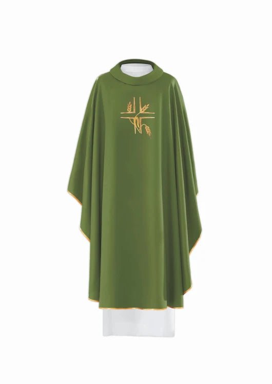 Green Chasuble with embroidered cross and wheat motif – Variant III — front view