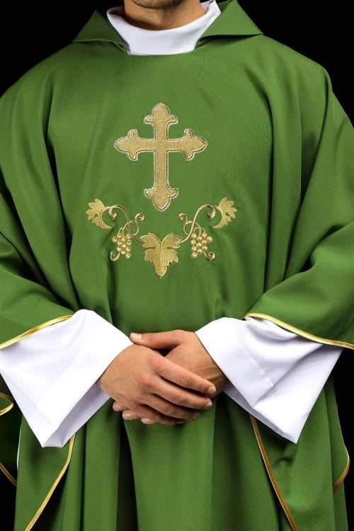 Green Chasuble with embroidered cross and wide collar — front view