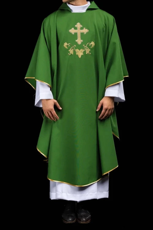 Green Chasuble with embroidered cross and wide collar — full view