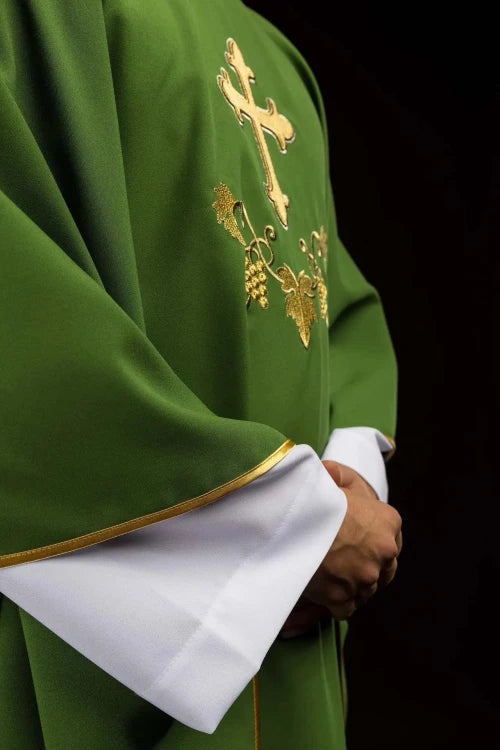 Green Chasuble with embroidered cross and wide collar — back view