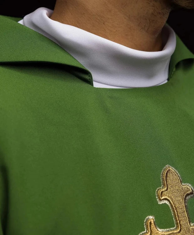 Green Chasuble with embroidered cross and wide collar — close-up detail