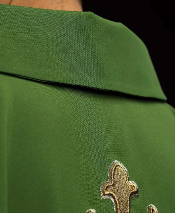 Green Chasuble with embroidered cross and wide collar — side view