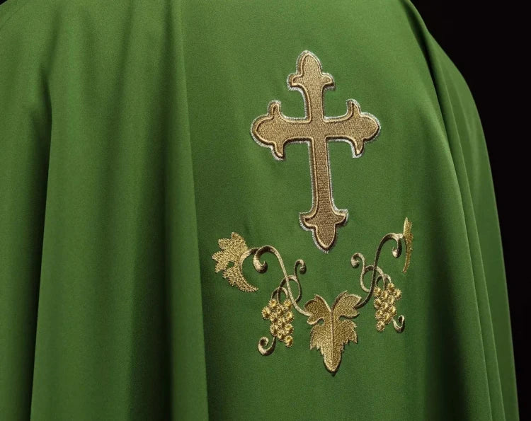 Green Chasuble with embroidered cross and wide collar — collar detail