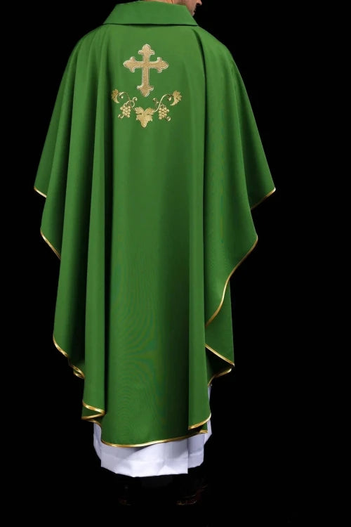 Green Chasuble with embroidered cross and wide collar — fabric detail