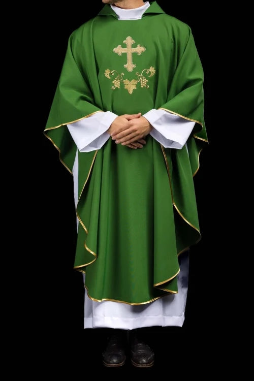 Green Chasuble with embroidered cross and wide collar — vestment detail